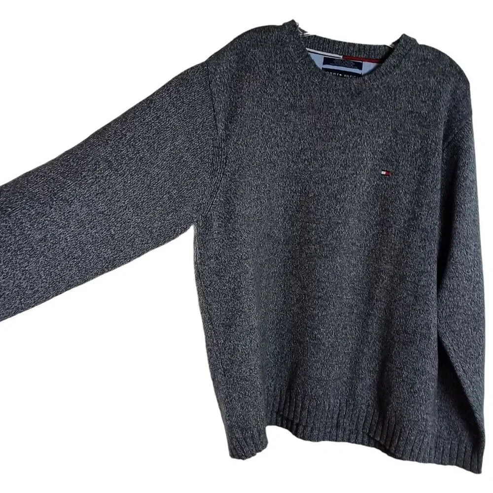 Tommy Hilfiger Sz L Academia Preppy Crew Neck 100% Cotton Grey Embroidered Logo